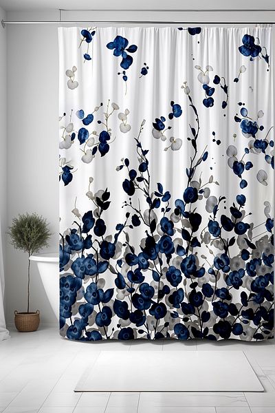 EVPANYA Perdeau de baie, perdea de duș cu modele de flori bleumarin care zboară, perdea de cadă 175x200cm