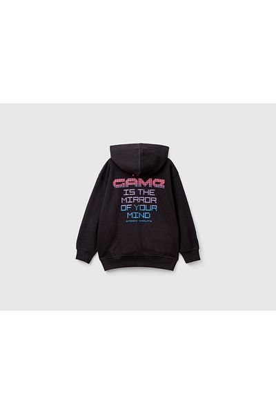 United Colors of Benetton Boy's Black Contrast Color Detailed Printed Zippered Hooded Sweatshirt