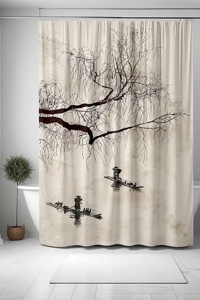 EVPANYA Κουρτίνα μπάνιου 175x200cm με σχέδια - Μαύρο στυλό, δέντρο και σανδάλια