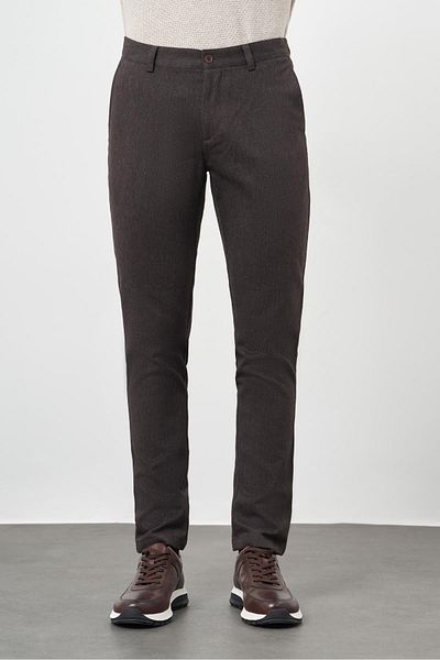 İmza Σκούρο καφέ βαμβακερό πλαϊνό παντελόνι Chino Casual Slim Fit 1003245162