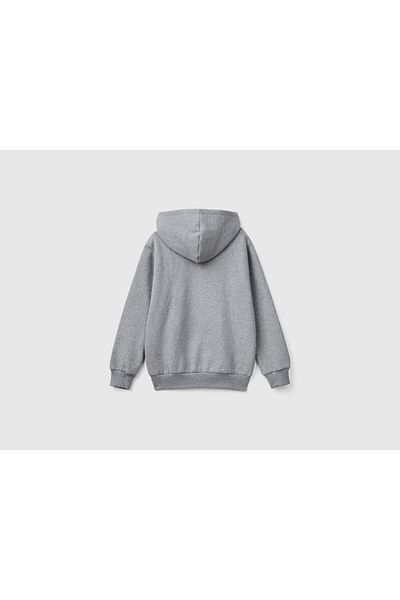 United Colors of Benetton Boy's Anthracite Melange Front Logo Printed Kangaroo Pocket Hooded Sweatshirt