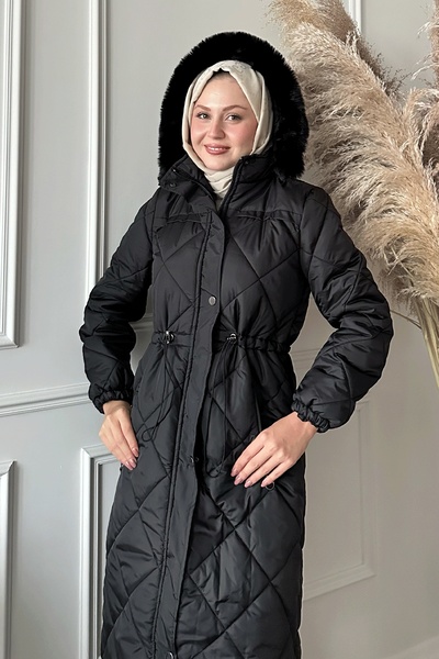 InStyle Beli Büzgülü Kapitone Mont Siyah