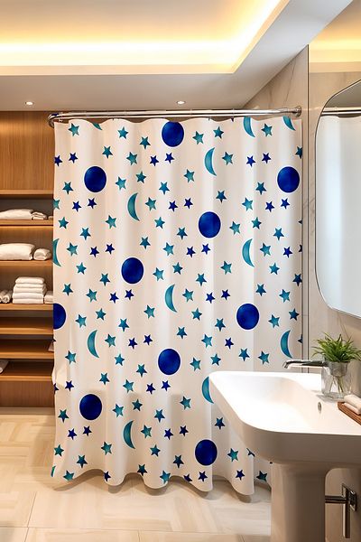 EVPANYA Perdele de baie turcoaz albastru bleumarin cu model de lună și stele 175x200cm - perdea de cadă