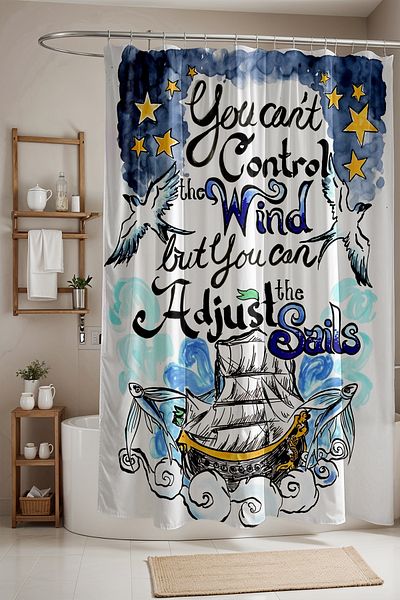 EVPANYA Perdeau de baie, perdea de duș cu model vas și pescăruși, perdea de cadă 175x200cm
