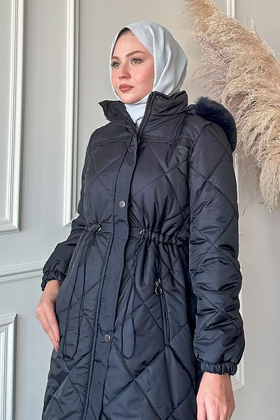 InStyle Καπιτονέ παλτό Navy Blue - Μαζευμένη μέση