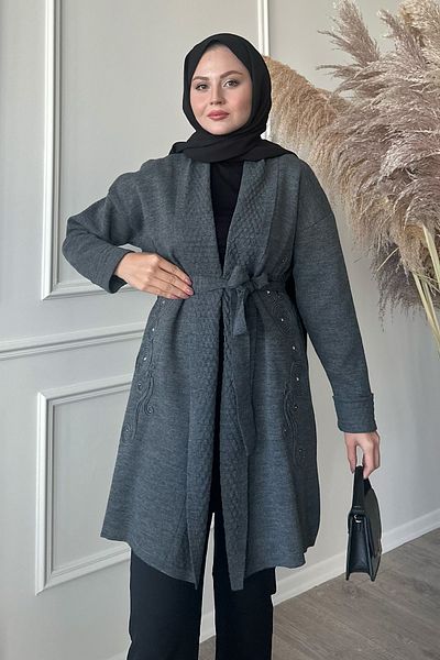 InStyle سترة تريكو أنثراسايت مطرزة بياقة منقوشة