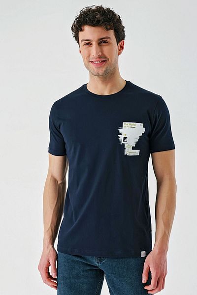 İmza Tricou casual slim cu decolteu cu imprimeu bleumarin închis 1011240166