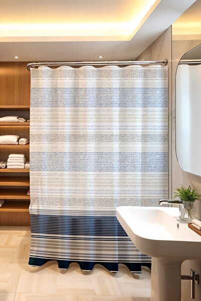 EVPANYA Banyo Perdesi, Simli Mavi Gümüş Şeritler Desenli Duş Perdesi, Küvet Perdesi 175x200cm