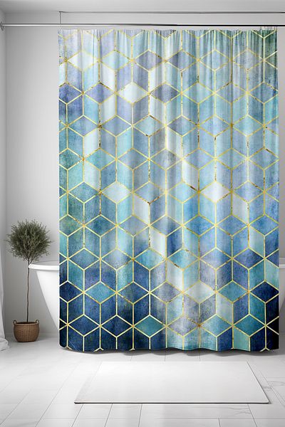 EVPANYA Perdele de baie cu model geometric bleumarin auriu - 175x200cm perdea de cada