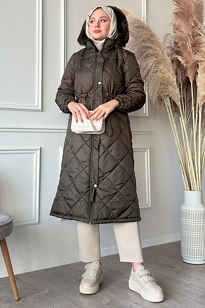 InStyle معطف كاكي مبطن - خصر برباط