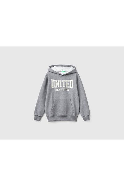 United Colors of Benetton Boy's Anthracite Melange Front Logo Printed Kangaroo Pocket Hooded Sweatshirt
