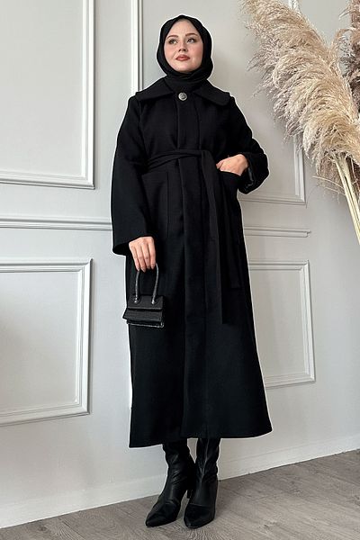 InStyle Belted Black Coat with Hidden Placket