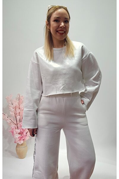 MADAME MELEK Νέα σεζόν Λευκό Φούτερ με Φύλλα - Παντελόνι Φούτερ Κοστούμι