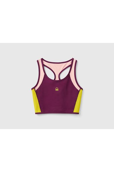 United Colors of Benetton Women's Burgundy Front Logo Printed Contrast Color Detailed Crop Tank Top