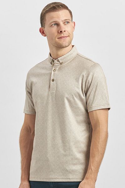 İmza Βαμβακερό μπεζ μοτίβο Slim Fit Casual T-shirt - Mercerized, γιακάς με κουμπιά 1011240164