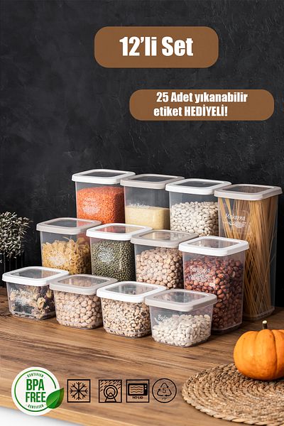 Porsima 1175 12-Piece Food Container Set - Food Jar Storage Organizer with Colorful Lids, Cappuccino