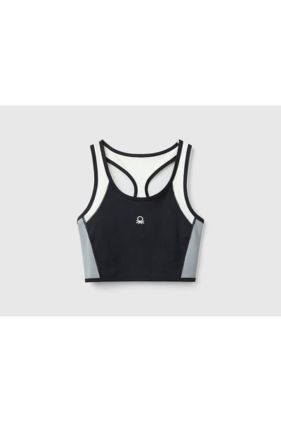 United Colors of Benetton Women's Black Front Logo Printed Contrast Color Detailed Crop Tank Top