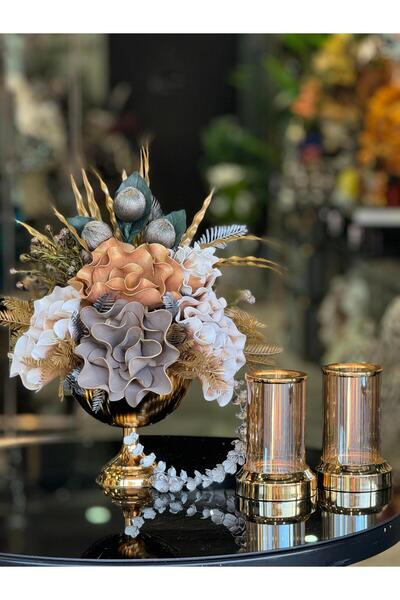 TASARIMHMODA Yapay Çiçekli Gold Yuvarlak Vazo 3 Parça Set No:10