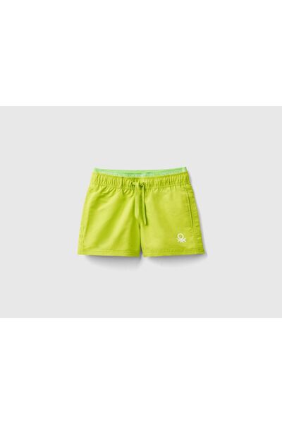United Colors of Benetton Boy's Neon Green Front Logo Embroidered Drawstring Waist Short Swim Shorts