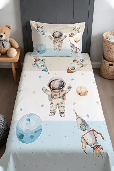 EVPANYA Mavi Krem Yıldızlı Eğlenceli Astronot Desenli Yatak Örtüsü ve Yastık ...