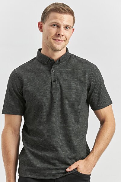 İmza Cotton Lycra Black T-Shirt - Jacquard, Buttoned Collar, Slim Fit1011240153