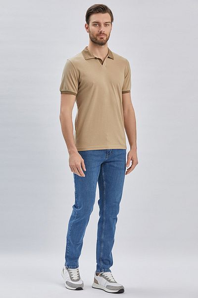 İmza Μπεζ Pique Polo λαιμόκοψη 100% βαμβακερό Casual Slim Fit T-shirt με λεπτή εφαρμογή 1011240155