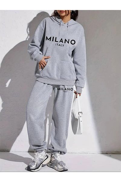 HIRSCH Γκρι Γυναικεία Oversize Basic Hooded Elastic Milano Italy Σετ φόρμας από βαμβακερή στάμπα