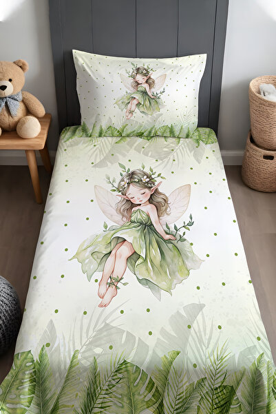 EVPANYA Yeşil Botanik Peri Desenli Yatak Örtüsü ve Yastık Kılıfı