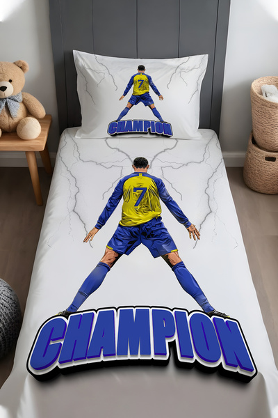 EVPANYA Şampiyon Futbolcu Desenli Yatak Örtüsü ve Yastık Kılıfı