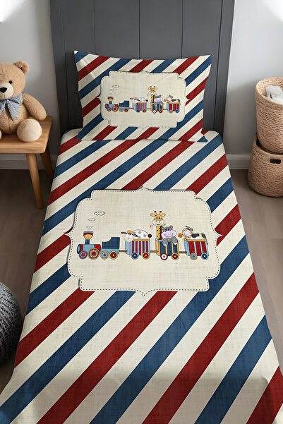 EVPANYA Kırmızı Mavi Çizgide Yolculuk Desenli Yatak Örtüsü ve Yastık Kılıfı