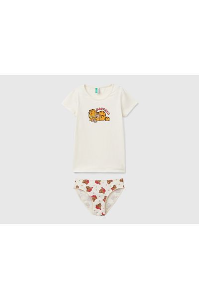 United Colors of Benetton Set de pijamale cu tricou și chiloți cu imprimeu Garfield crem pentru fete