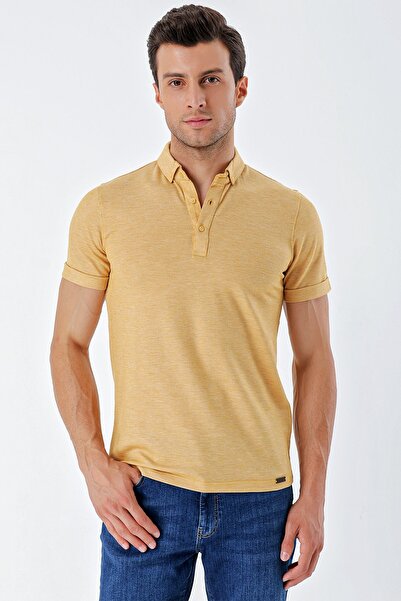 İmza Μπλουζάκι μουστάρδα με κοντό μανίκι Dobby με κουμπιά γιακά Classic Slim Fit Slim Fit T-shirt 1011230165