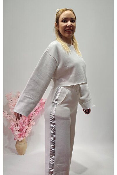 MADAME MELEK Νέα σεζόν Λευκό Φούτερ με Φύλλα - Παντελόνι Φούτερ Κοστούμι