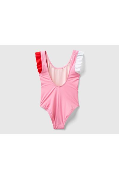 United Colors of Benetton Costum de baie pentru fete, roz, multicolor, cu maneci cu volane