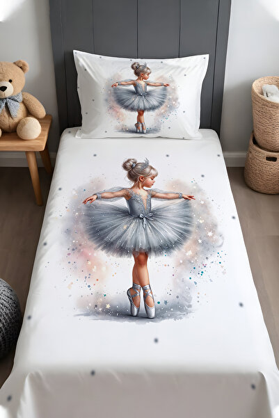 EVPANYA Gri Pudra Balerin Desenli Yatak Örtüsü ve Yastık Kılıfı