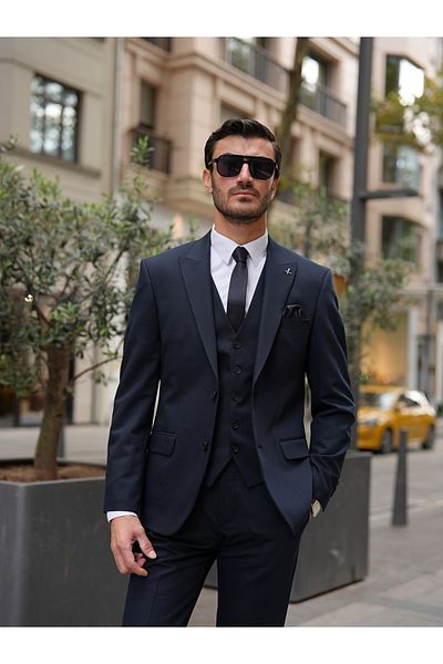 LONATOLİA Men's Slim Fit Italian Cut Swallow Collar Jacket Vest Trousers Suit-navy blue