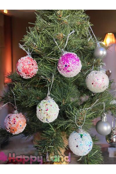 Happyland زخرفة شجرة عيد الميلاد الصنوبر نموذج ثلجي ملون 6 قطع كرة عيد الميلا...