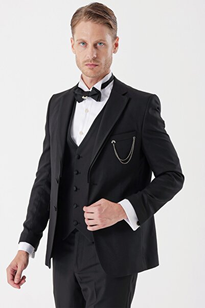 İmza Siyah Armürlü Çıkarılabilir Mono Yaka Yelekli 6 Drop Slim Fit Smokin Damatlık Takım 1001230202