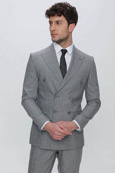 İmza Gray Striped Swallow Collar Lined Double Breasted 6 Drop Slim Fit Slim Fit Classic Set1001230164