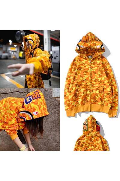 veira Embroidered Yellow Bape Hooded Cardigan Oversize Pattern 2023 Trend