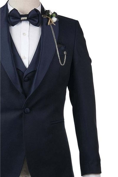 İmza Vestă căptușită cu guler șal cu model albastru bleumarin, 6 picături, slim fit, smoking, costum de mire1001210103