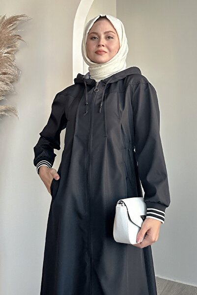 InStyle Pleat Detail Black Trench Coat with Elastic Waist