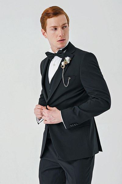 İmza Black Removable Mono Collar Vest Lycra 6 Drop Slim Fit Tuxedo Groom Suit1001240201
