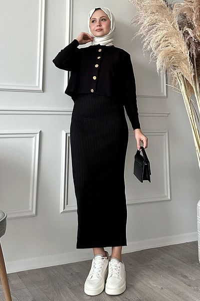 InStyle بدلة تريكو سوداء مزدوجة مضلعة