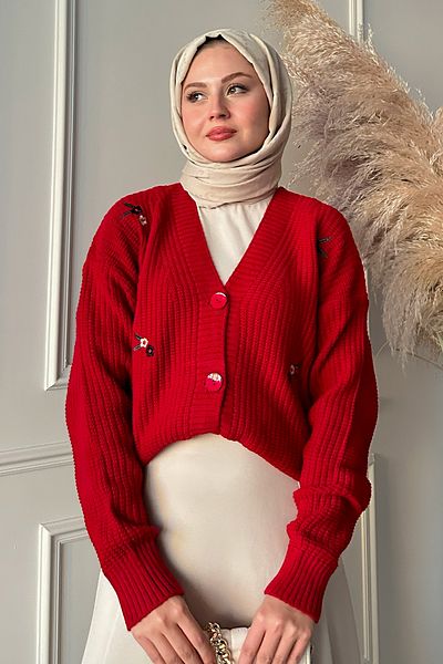 InStyle Gänseblümchen-bestickter Helly-Cardigan – Rot