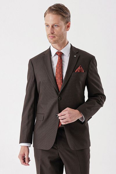 İmza Brown Patterned Dobby Mono Collar 4 Drop Comfort Fit Relaxed Fit Classic Suit1001235150