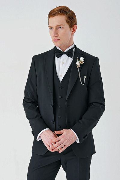 İmza Black Removable Mono Collar Vest Lycra 6 Drop Slim Fit Tuxedo Groom Suit1001240201