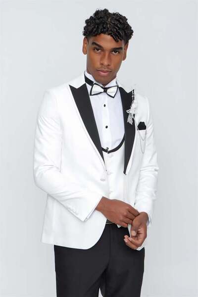 İmza Açık Krem Armürlü Kırlangıç Yaka Astarlı Yelekli 6 Drop Slim Fit Smokin Damatlık 1001220206