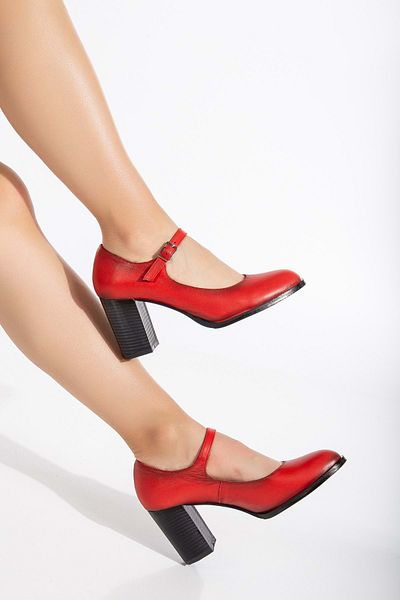 ANALİN SHOES Red Genuine Leather Women's Heeled Shoes - Strappy