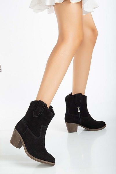 ANALİN SHOES Cizme de cowboy Western din piele naturală pentru femei - piele de căprioară neagră